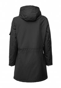 Schwarzer langer Wintermantel mit Kapuze, langen Ärmeln und einer Seitentasche am linken Arm, von hinten gezeigt.