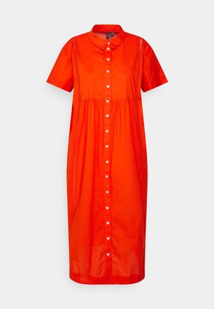 Knalloranges Midi-Kleid mit kurzen Ärmeln, durchgehender Knopfleiste vorne, geraffter Taille, Kragen und dezenten vertikalen Spitzen-Details.