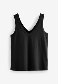 Débardeur noir sans manches avec un profond col en V, fabriqué en tissu lisse, posé à plat sur un fond blanc.