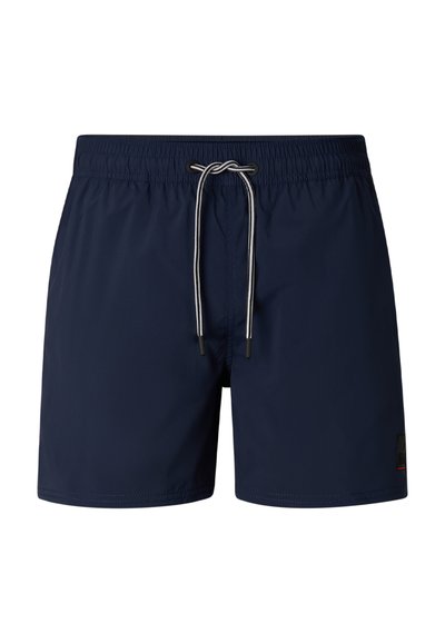 Marineblå badeshorts med elastisk talje og hvid snøre bundet i en sløjfe foran i midten.
