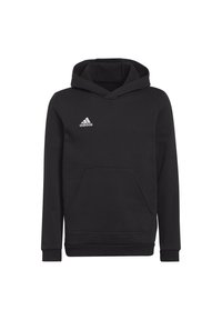 Sudadera con capucha negra hecha de tela suave, con un bolsillo tipo canguro, puños acanalados y el logo blanco de Adidas en el pecho. Diseño de corte clásico.