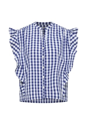 Blau-weiß kariertes, ärmelloses Blusentop mit Rüschen an den Schultern und einer vorderen Knopfleiste.