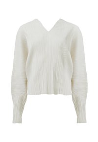 Weißer, gekürzter Pullover mit tiefem V-Ausschnitt, der vertikale Falten und lange, leicht gepuffte Ärmel mit strukturierten Details aufweist.