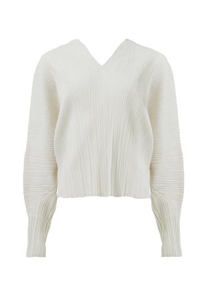 Witte cropped trui met een diepe V-hals, met verticale plooien en lange, iets geplooide mouwen met textuurdetails.