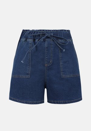 Denim shorts with an elastic waistband and adjustable drawstring, featuring two front pockets and a dark blue color.