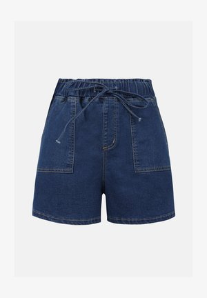 Denim shorts with an elastic waistband and adjustable drawstring, featuring two front pockets and a dark blue color.