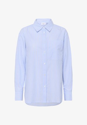 Světle modrá košile na knoflíky s bílými pruhy, se stojáčkem, dlouhými rukávy, kapsou na levé hrudi a zakřiveným lemem. Hladká, tkaná látka.