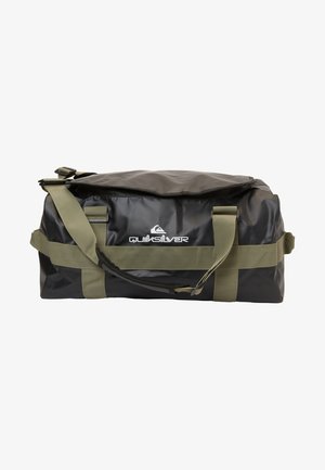 Black waterproof duffel bag with olive green straps, featuring a zippered top and logo on the side. Rectangular shape with sturdy handles.