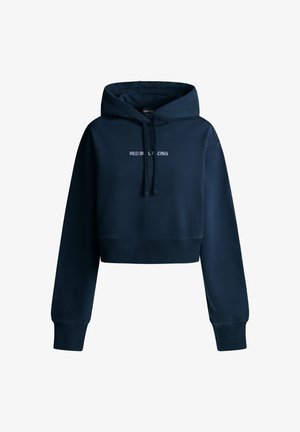 Tumši zila īsa kapuce ar garām piedurknēm, auklu kapuci, ribotām aprocēm un apakšmali, ar uzrakstu "RED BULL RACING" priekšpusē centrā.