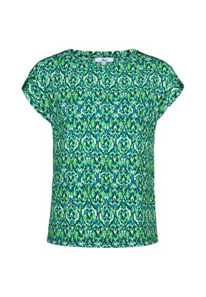 Blouse met korte mouwen met groen, blauw en wit abstract bloemmotief en een ronde hals.
