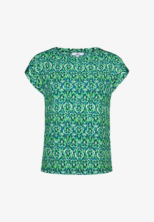 Blouse met korte mouwen met groen, blauw en wit abstract bloemmotief en een ronde hals.