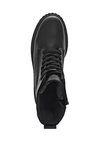 Schwarze Leder-Schnürstiefel mit seitlichem Reißverschluss und Fleece-Futter, von oben betrachtet, mit abgerundetem Zehenbereich und dicker Sohle.