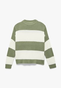 Strickpullover mit horizontalen olivgrünen und weißen Streifen, Rundhalsausschnitt, gerippten Bündchen und strukturiertem Stoff. Kurzes, kastiges Design.