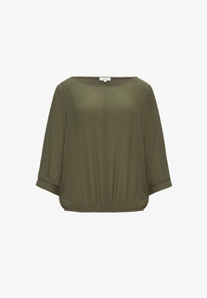 Olijfgroene blouse van lichtgewicht, gekreukeld materiaal, met een ronde halslijn, driekwart mouwen met opgerolde manchetten en een gathered zoom.