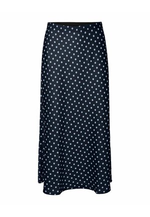 Jupe bleu marine avec une texture lisse et brillante, présentant un motif à pois bleu clair. Coupe évasée avec une taille élastique.