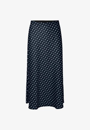 Tmavě modrá sukně s hladkou, lesklou texturou, zdobená puntíkovým vzorem v světle modré barvě. Rozšířený střih s elastickým pasem.