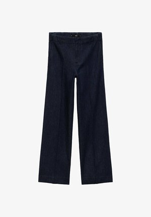 Donkerblauwe denim broek met wijde pijpen en hoge taille, voorzien van plooien aan de voorkant, een ritsluiting en vijf riemlussen op de tailleband.