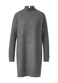 Grauer, übergroßer Pullover mit hohem Kragen, gerippten Ärmelbündchen und Saum. Hergestellt aus weichem Material mit glatter Textur.