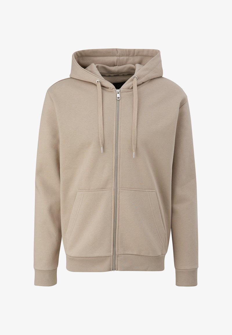 Bež zip-up dukserica izrađena od mekog materijala, s kapuljačom na izvlačenje, dva prednja džepa i rebrastim manžetama i donjim rubom.