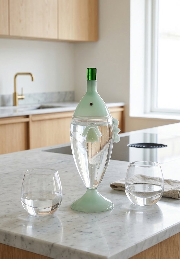Przezroczysty dzbanek do wody w kształcie ryby z zielonymi akcentami oraz dwiema szklankami wody na marmurowym blacie kuchennym.