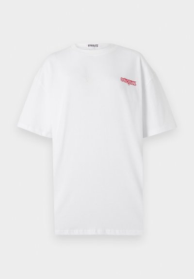 White cotton t-shirt with a crew neckline and short sleeves, featuring red embroidered "stieglitz" logo on the left chest area.