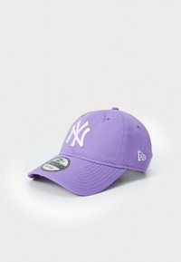 Purple baseball cap made of fabric, features embroidered white logo on the front and side, curved brim, and adjustable strap at the back.