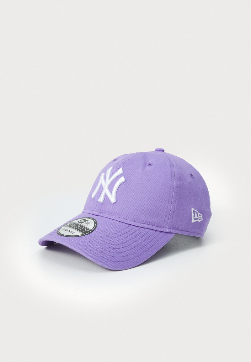 Purple baseball cap made of fabric, features embroidered white logo on the front and side, curved brim, and adjustable strap at the back.