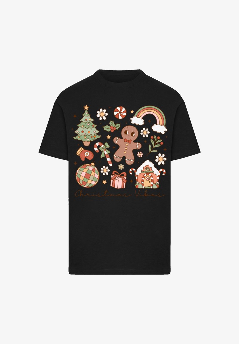 Black T-shirt featuring colorful Christmas-themed graphics: a tree, gingerbread man, candies, gifts, and the text "Christmas Vibes" in a cursive font.