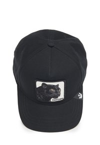 Cappello nero in tessuto con patch grafica di una pantera sul davanti. Include dettagli cuciti e una visiera curva.