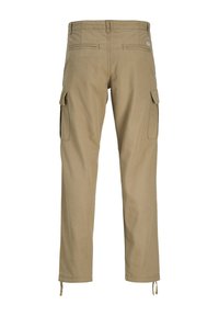 Khaki cargos s ravnim krojem, izrađeni od izdržljive pamučne tkanine. Imaju dva bočna džepa i donji rub s vezicom za prilagodljivost.
