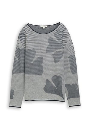 Sweter dziany z długim rękawem w czarno-białe poziome paski z dużymi abstrakcyjnymi ciemnymi kwiatowymi wzorami.