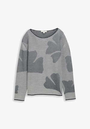 Sweter dziany z długim rękawem w czarno-białe poziome paski z dużymi abstrakcyjnymi ciemnymi kwiatowymi wzorami.