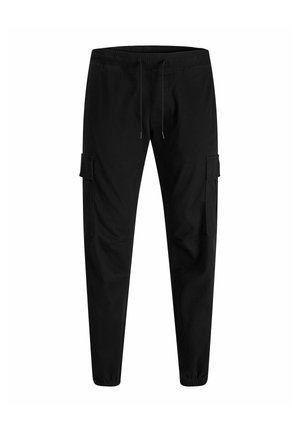 Pantaloni cargo neri con vita elastica, coulisse regolabile, tasche laterali con patta e polsini elastici alle caviglie, mostrati su sfondo bianco.