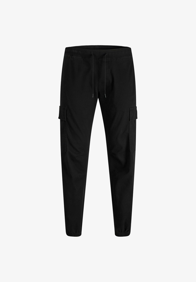 Pantalon cargo noir avec taille élastique, cordon ajustable, poches latérales à rabat et poignets élastiques aux chevilles, présenté sur fond blanc.