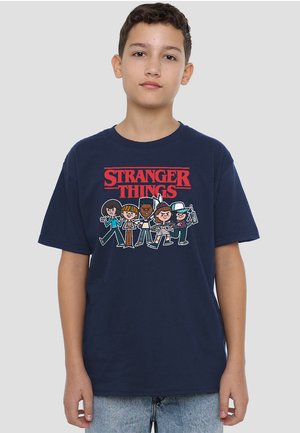 Navy blue cotton t-shirt featuring a graphic print of cartoon characters from "Stranger Things" in various colors. Short sleeves, relaxed fit.