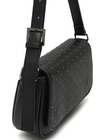 Black leather crossbody bag with studded pattern, adjustable strap, rectangular shape, and metal hardware accents on the closure.