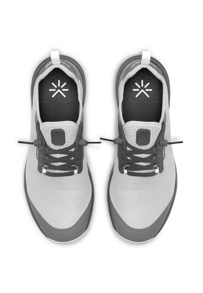 Gray athletic shoes with a mesh upper, black insoles featuring a logo, elastic laces, and reinforced toe caps, offering a lightweight design.