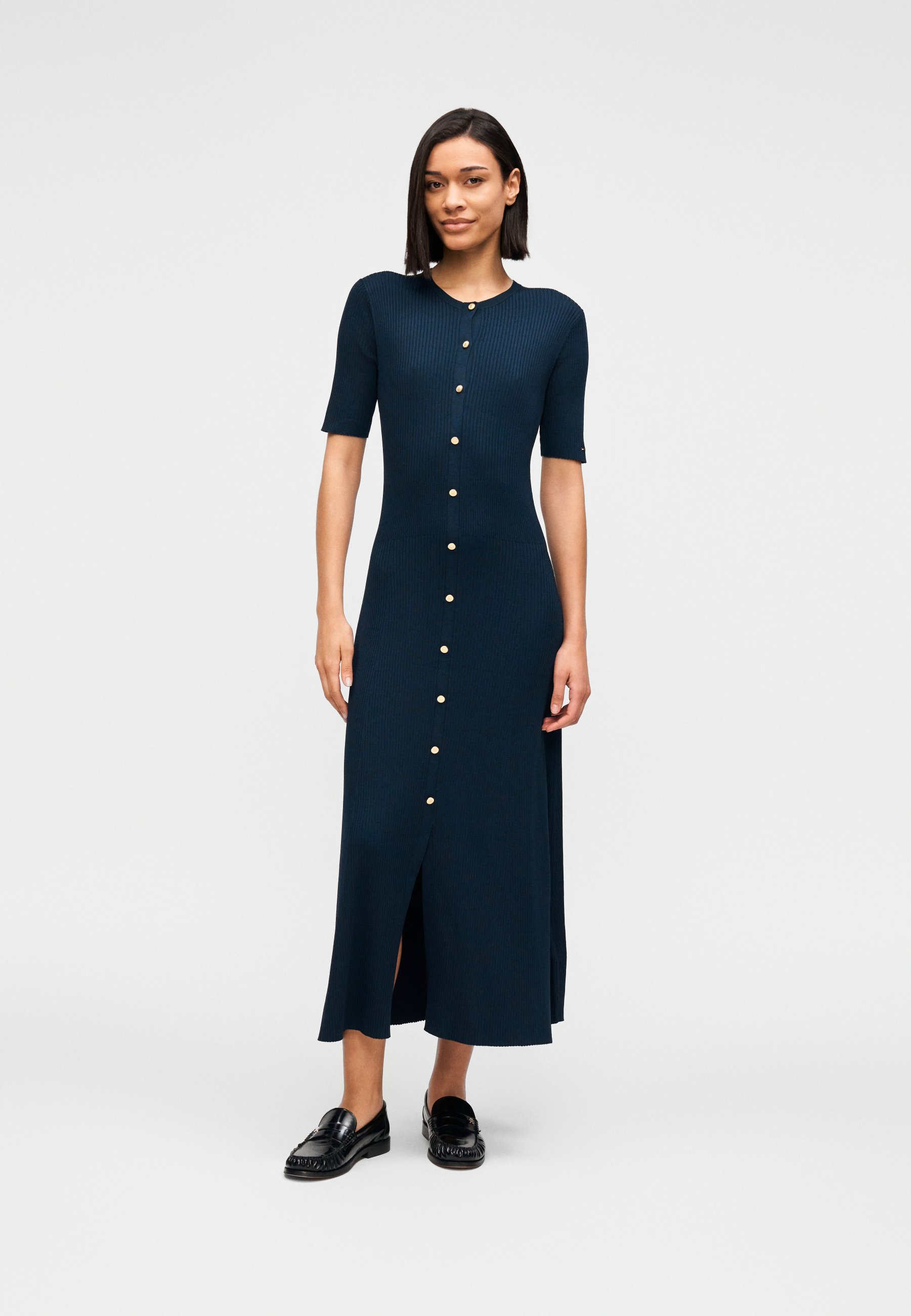 navy blue tommy hilfiger dress RIBBED SLIM FIT AND FLARE MIDI - Jumper dress Length Cut And Collarless