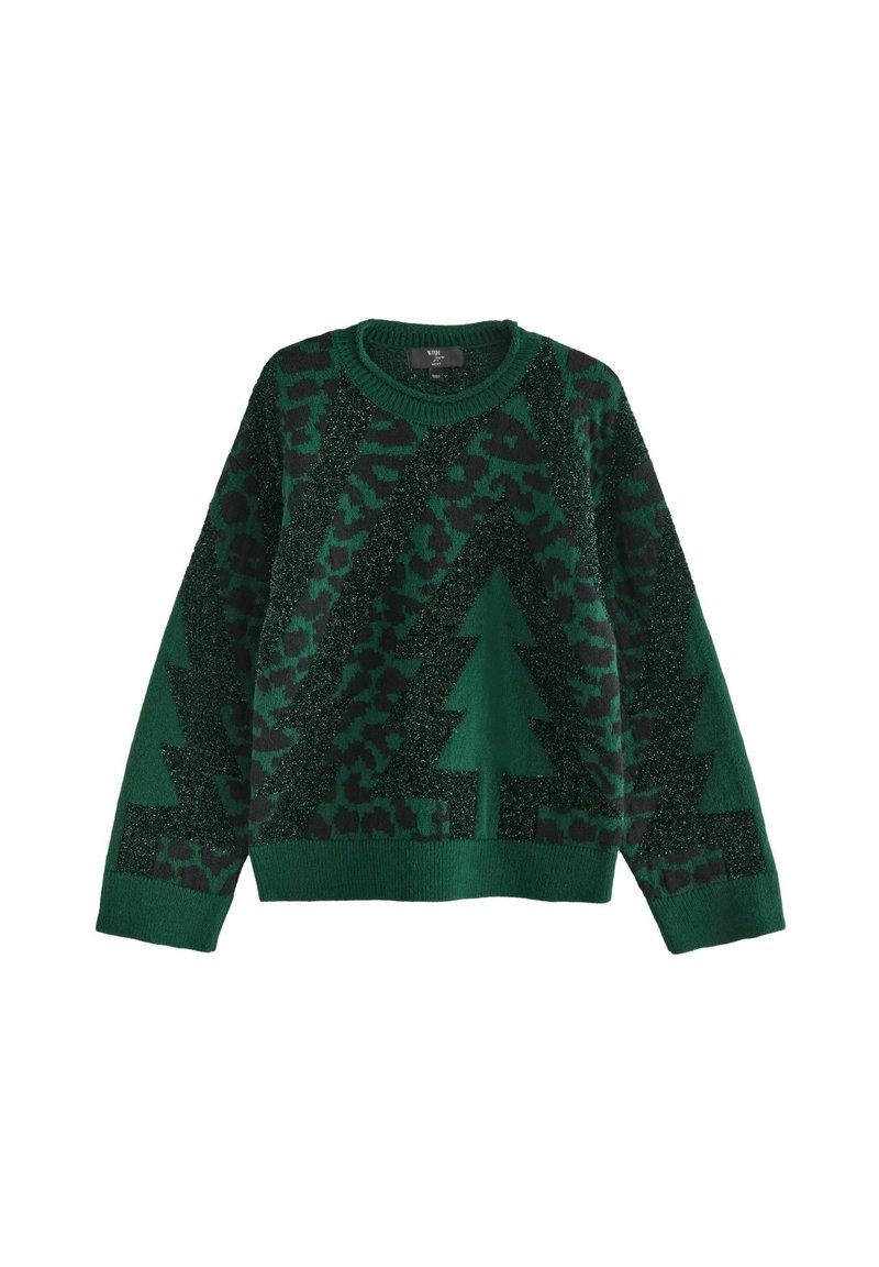 Pulover verde tricotat cu un design texturat, având modele de leopard negru și forme de pom de Crăciun. Cu guler rotund și mâneci lungi.
