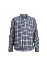 Cămășă cu mânecă lungă, în model carat bleumarin și alb, guler căptușit, cinci nasturi, material din bumbac, croi standard, textură ușoară.