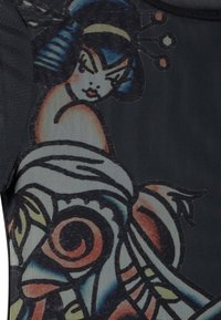 Black mesh garment featuring a colorful artistic design of a woman with blue hair and floral motifs in red, orange, and green shades.