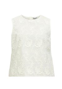 Top sans manches blanc avec des broderies florales complexes, un col rond et un tissu texturé. Design simple et épuré.