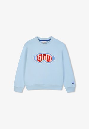 Sweat-shirt enfant bleu clair avec un motif de lunettes de ski et un texte rouge "LET IT SKI" sur le devant, poignets et ourlet côtelés.