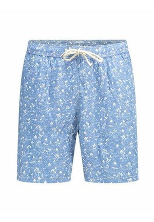 Costume da bagno azzurro chiaro con motivi bianchi di palme, barca a vela e onde, con fascia in vita con coulisse bianca.