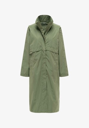 Long olive green raincoat with high collar, button details on sleeves, and front pockets.