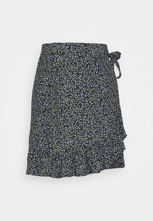 Floral wrap skirt with a black background. Features small blue, yellow, and green floral patterns, ruffled hem, and side tie detail.