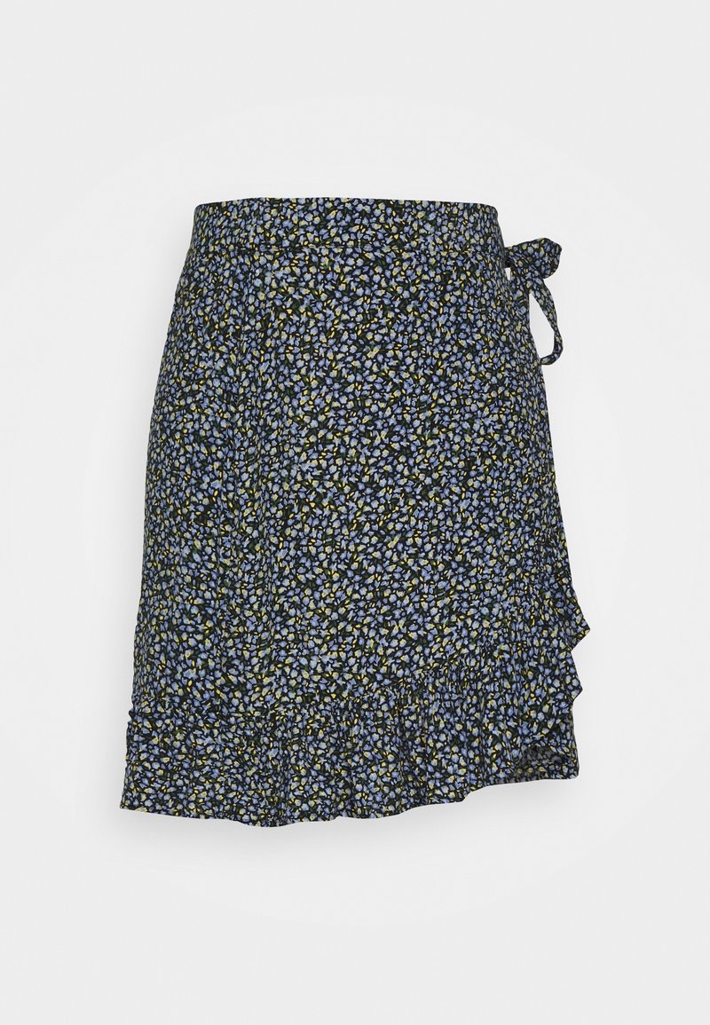 Květinová zavinovací sukně s černým pozadím. Obsahuje malé modré, žluté a zelené květinové vzory, volánkový lem a detail vázání na boku.