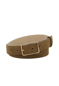 Brown suede belt with a gold rectangular buckle, featuring multiple holes for adjustment and a smooth inner lining.