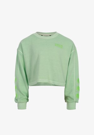 Lichtgroene cropped sweatshirt met lange mouwen, geribbelde manchetten, kleine groene tekst op de borst en groene schelpenborduursels op de mouwen.