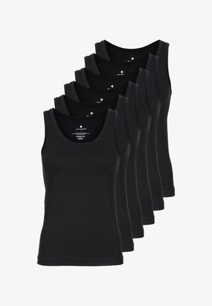 Set of six black tank tops made from cotton blend, featuring a scoop neck, sleeveless design, and a smooth texture.